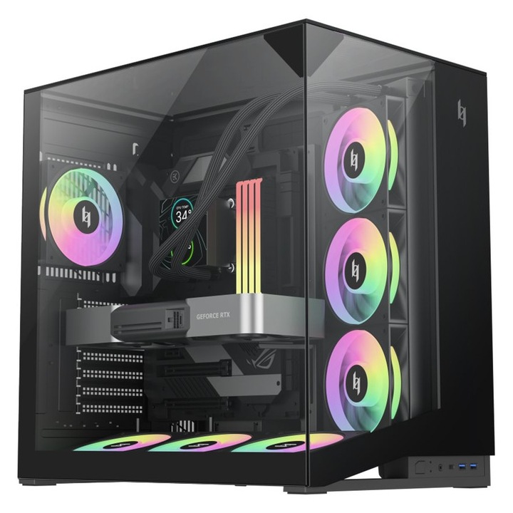Кутия за компютър Gamemax NEX C56 VC BK, страничен панел от стъкло, съвместима с ATX, поддръжка за вертикален монтаж на GPU, Черна