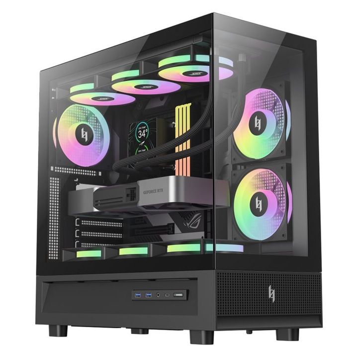 Кутия за компютър Gamemax NEX C51 BK, съвместима с ATX/BTF, страничен панел от стъкло, поддръжка на RGB вентилатори, черна