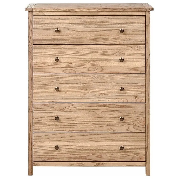 Salton tömörfa és rétegelt lemez komód, 85x39x111 cm, 5 fiókkal, barna