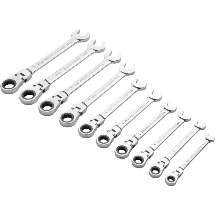 JETech csuklós racsnis kombinált kulcsok, 10 darabos készlet, 8-19 mm, króm-vanádium acél, 12 pontos gyűrű, polírozott