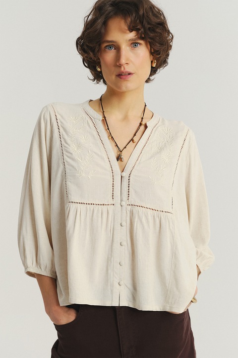 GreenPoint, Camasa tunica din amestec de in cu broderie, Bej deschis, 34