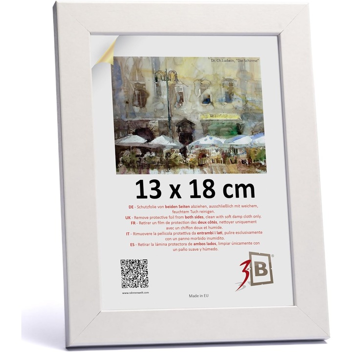 Képkeret, 3-B, klasszikus, 13x18 cm, fehér, állvánnyal és akasztóval, MDF, üveg