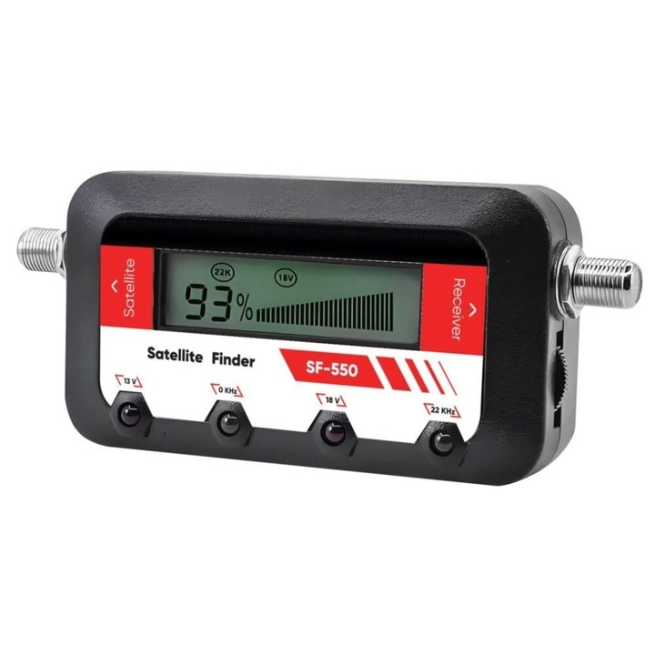 Digitális műholdjel-detektor, 950-2150 MHz, LCD kijelző, hangjelzés, antenna beállítás, beépített mikroprocesszor, fekete