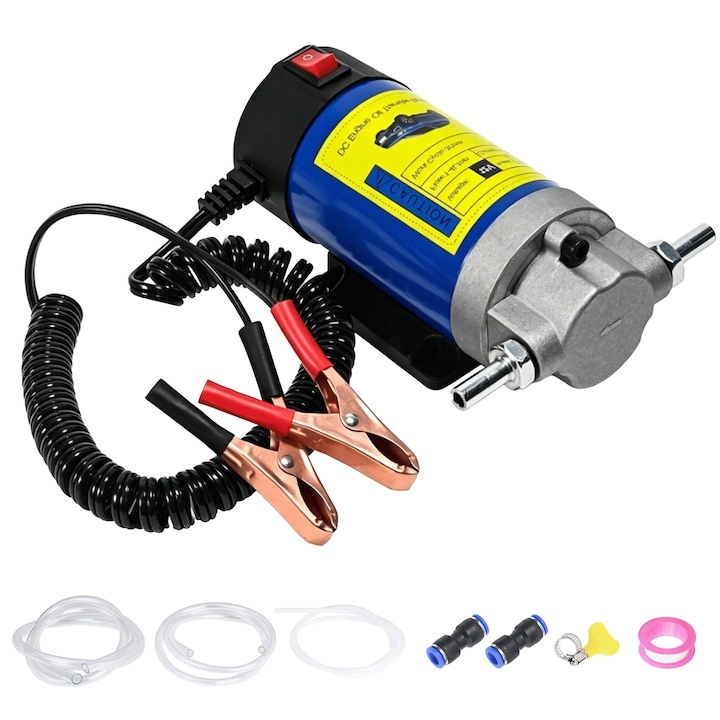Pompa electrica transfer ulei 12V, Taipintee, 100W, debit 2‑6 L/min, culoare albastru‑negru, cu cleme baterie, set complet furtunuri, pentru ulei motor, motorina, utilaje agricole