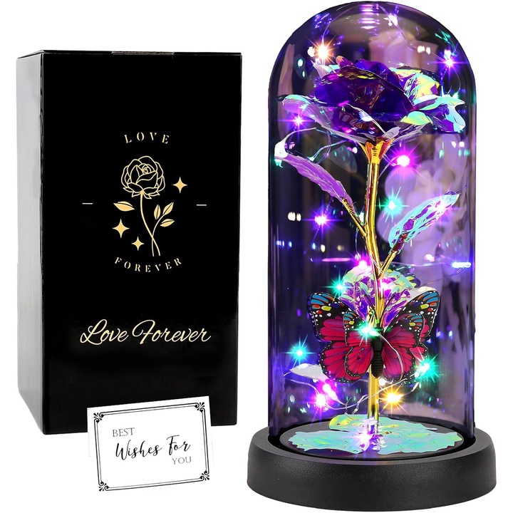 Decoratiune cadou cu trandafir etern intr-o cupola LED din sticla, FAYODO, violet, cu iluminare LED, alimentat cu 3 baterii AAA, intr-o cutie cadou, sticla, material