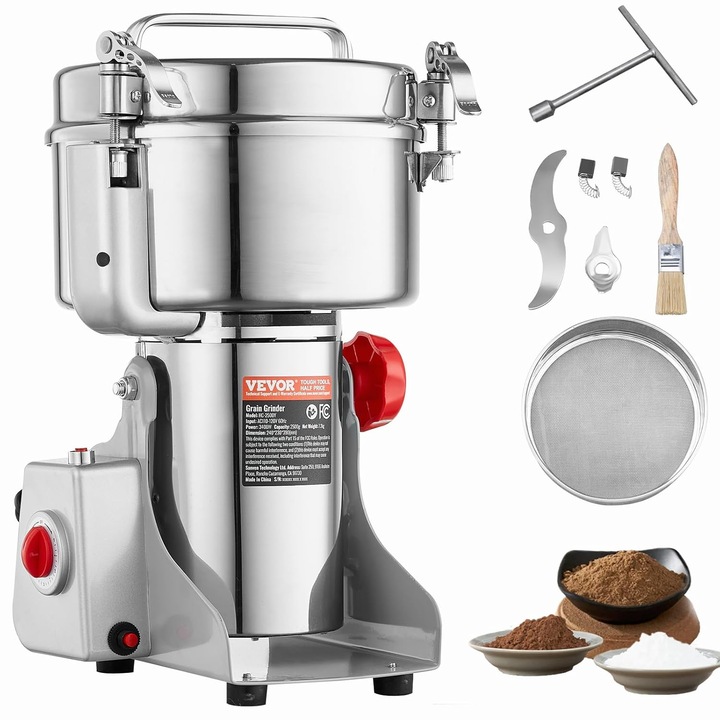 VEVOR Moara electrica de cereale, polizor de mare viteza pentru porumb, capacitate 2500 g, 3400 W, masina de macinat din otel inoxidabil pentru pulbere, pentru cereale uscate, condimente, cereale, cafea, porumb, piper, tip rotativ, dimensiuni 24 × 23 × 39