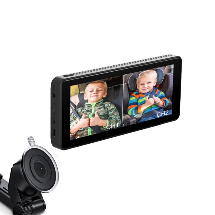 Monitor de supraveghere pentru bebelusi pentru masina, ecran LCD de 6, 86 inci, suport cu ventuza, reglabil in mai multe unghiuri, negru