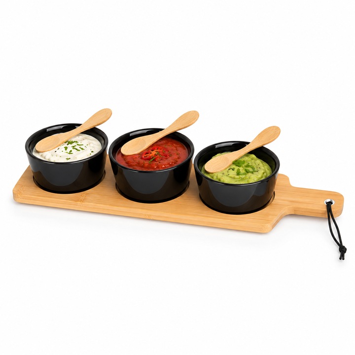 Set de 3 boluri ceramice cu lingurite si tava, suport din bambus, 39 x 10 x 6 cm, ceramica si bambus, negru si natur