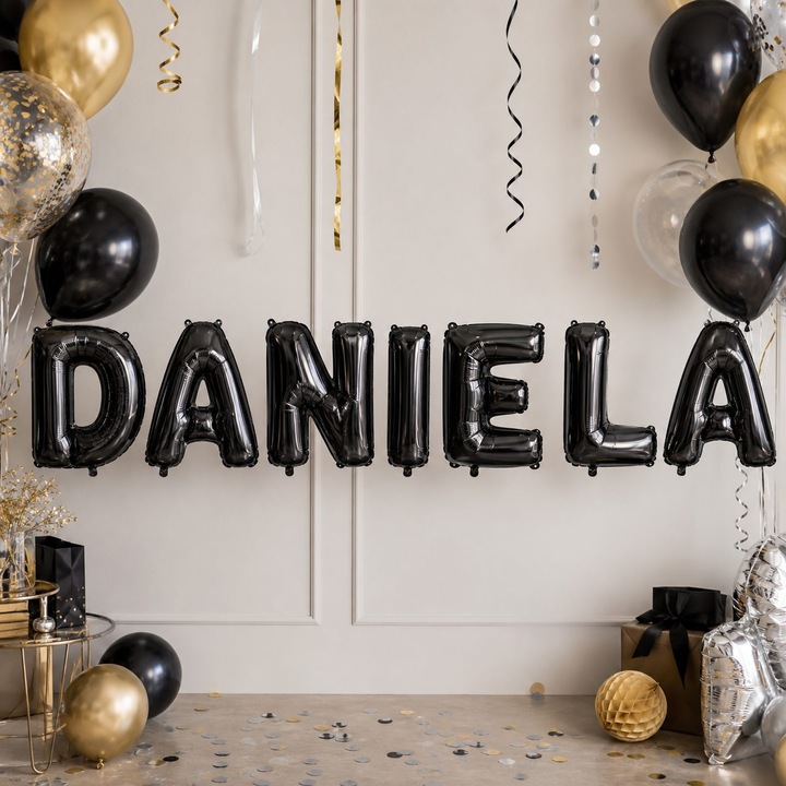 Метализирани фолиеви балони, Flippy, Комплект DANIELA, Хелий или Въздух, Включена сламка, 40 см, Черен
