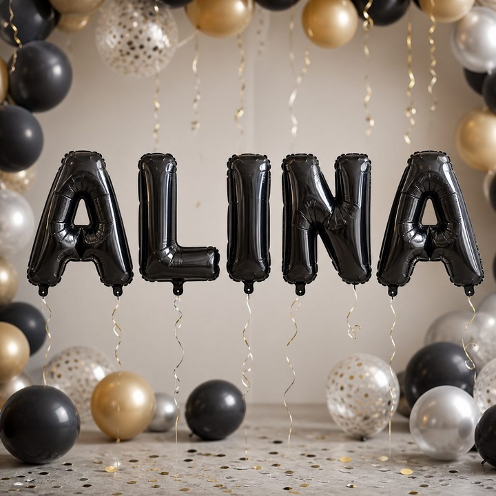 Метализирани фолиеви балони, Flippy, Комплект ALINA, Хелий или Въздух, Включена сламка, 40 см, Черен