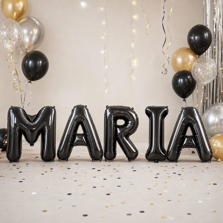 Метализирани фолиеви балони, Flippy, Комплект MARIA, Хелий или Въздух, Включена сламка, 40 см, Черен