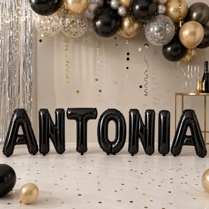 Метализирани фолиеви балони, Flippy, Комплект ANTONIA, Хелий или Въздух, Включена сламка, 40 см, Черен