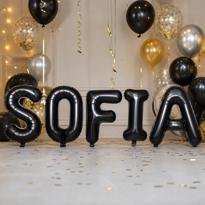 Балони от фолио, Flippy, Комплект SOFIA, Хелий или Въздух, Включена сламка, 40 см, Черен