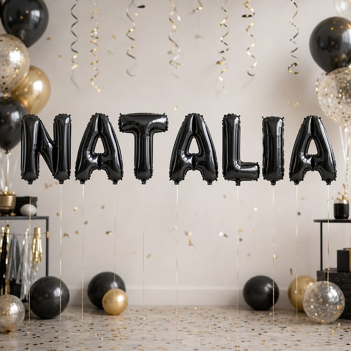 Метализирани фолиеви балони, Flippy, Комплект NATALIA, Хелий или Въздух, Включена сламка, 40 см, Черен
