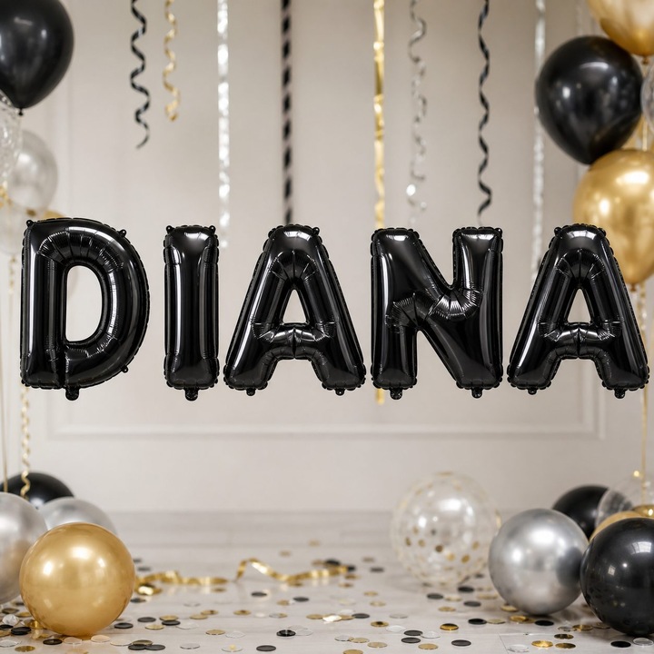 Метализирани фолиеви балони, Flippy, Комплект DIANA, Хелий или Въздух, Включена сламка, 40 см, Черен
