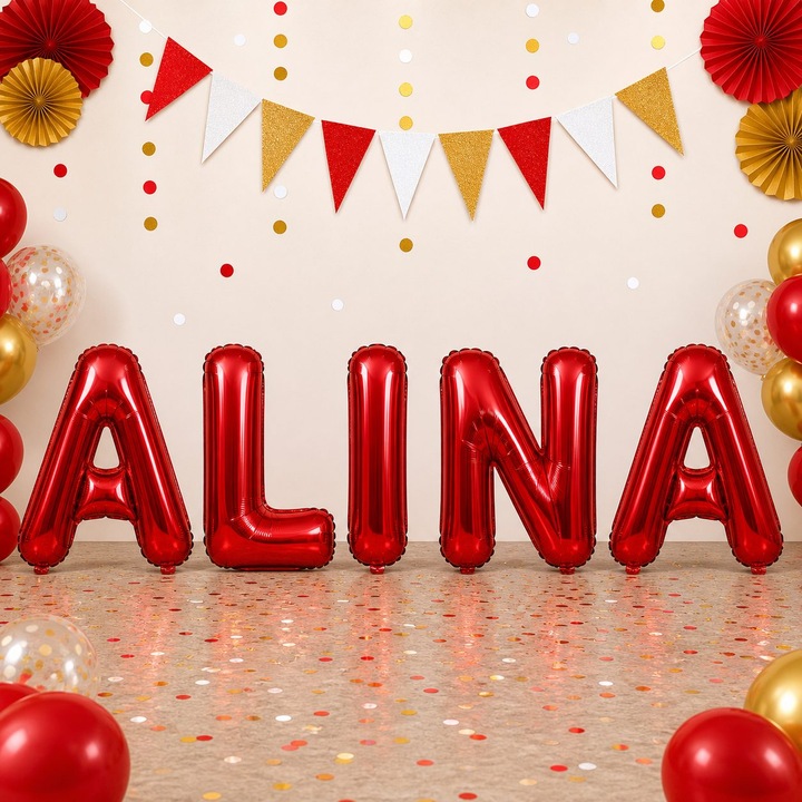 Метализирани фолиеви балони, Flippy, Комплект ALINA, Хелий или Въздух, Включена сламка, 40 см, Червен