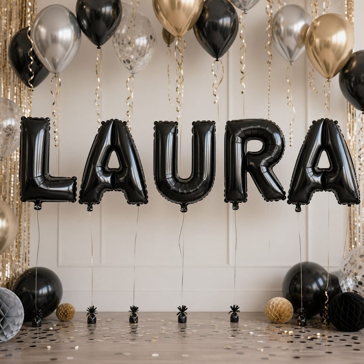 Метализирани фолиеви балони, Flippy, Комплект LAURA, Хелий или Въздух, Включена сламка, 40 см, Черен