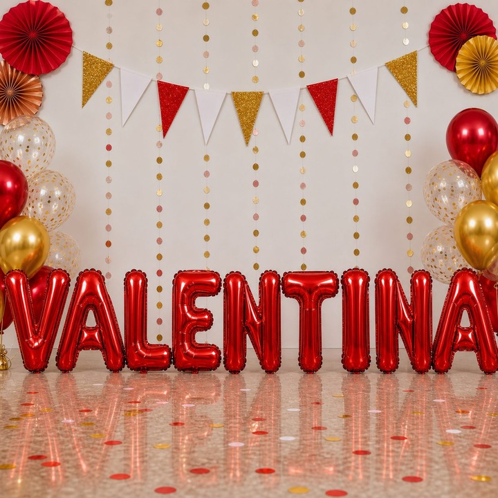 Метализирани фолиеви балони, Flippy, Комплект VALENTINA, Хелий или Въздух, Включена сламка, 40 см, Червен