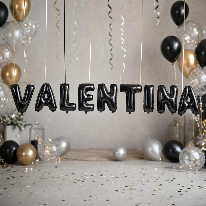 Метализирани фолиеви балони, Flippy, Комплект VALENTINA, Хелий или Въздух, Включена сламка, 40 см, Черен