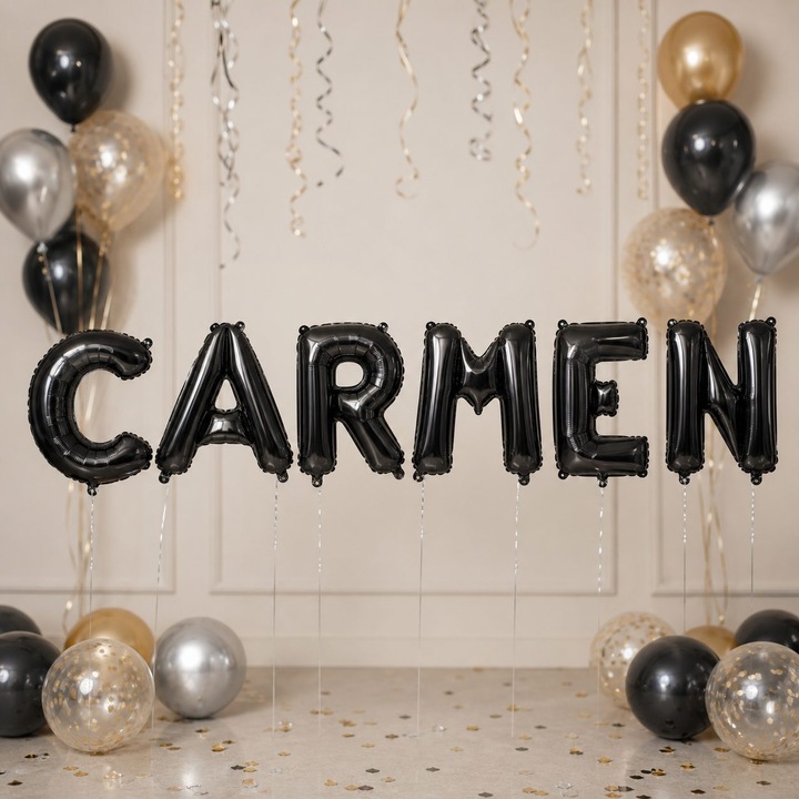 Метализирани фолиеви балони, Flippy, Комплект CARMEN, Хелий или Въздух, Включена сламка, 40 см, Черен
