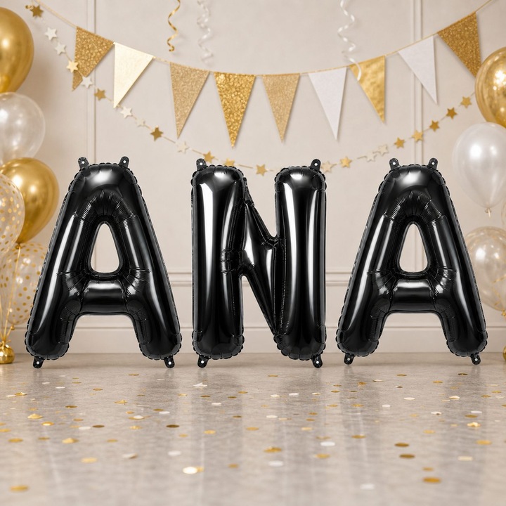 Метализирани фолиеви балони, Flippy, Комплект ANA, Хелий или Въздух, Включена сламка, 40 см, Черен