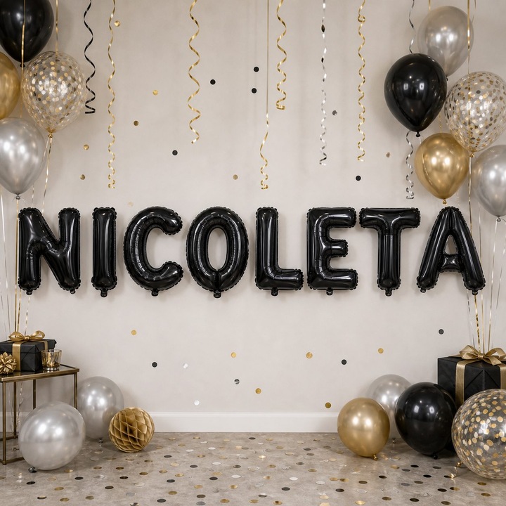 Метализирани фолиеви балони, Flippy, Комплект NICOLETA, Хелий или Въздух, Включена сламка, 40 см, Черен
