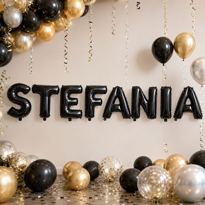 Метализирани фолиеви балони, Flippy, Комплект STEFANIA, Хелий или Въздух, Включена сламка, 40 см, Черен