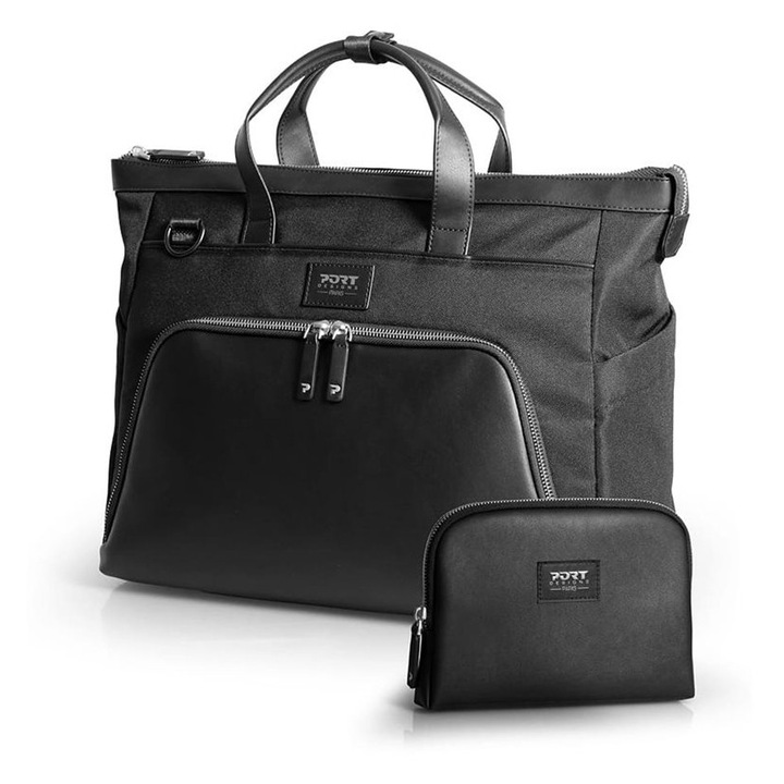 PORT DESIGNS, Textil laptop táska eco-bőr részletekkel, neszesszerrel és elülső zsebbel, Muse TL, Fekete, 16''