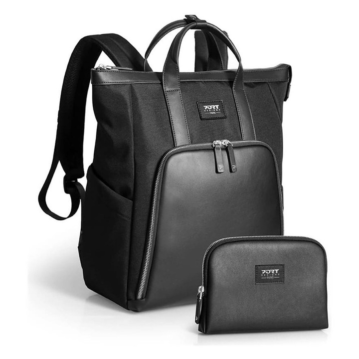 PORT DESIGNS, Textil és műbőr laptop hátizsák mellékelt tokkal, Muse BP, Fekete, 16''