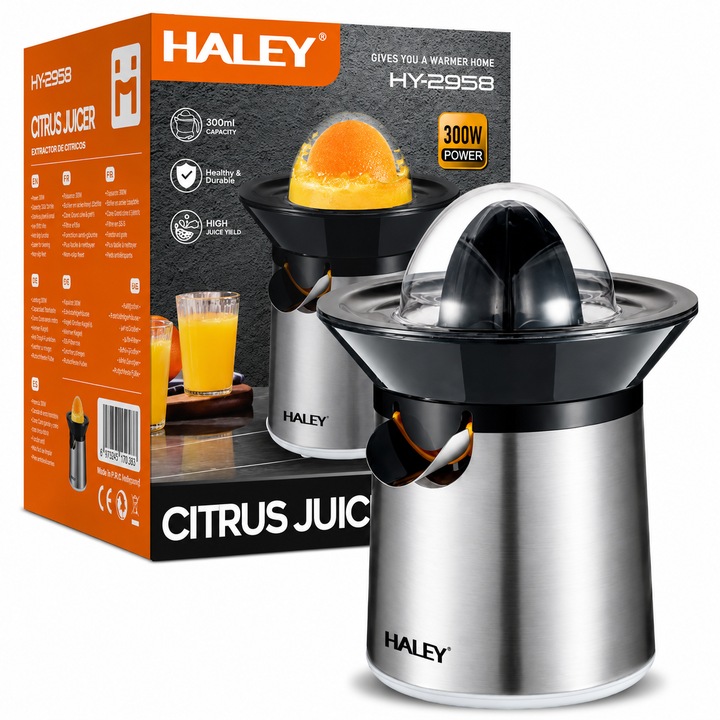 Storcator Electric pentru Citrice Haley HY-2958, 300W, Recipient 300 ml, Sistem de Presare, Corp Inox, Capac de Protectie
