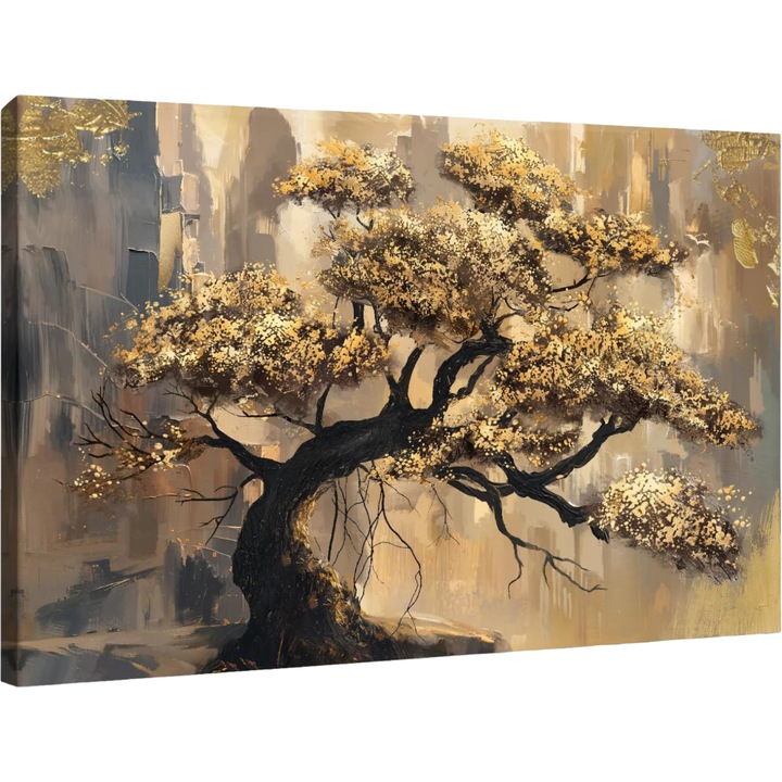 Vászonkép, wengtiao, arany levelek, 90 x 60 cm, absztrakt, fali dekoráció, azonnal akasztható, arany, szürke, kampókkal és rögzítő tartozékokkal, textil anyag, keret anyaga