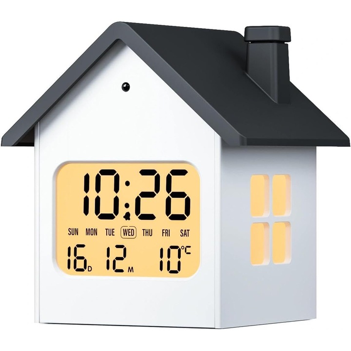 Digitális ébresztőóra, ház alakú LCD kijelzős ébresztőóra, 12/24H idő, dátum és nap, hőmérséklet °C, 5 perces szundi, meleg háttérvilágítás, USB és elemes tápellátás, fehér/fekete