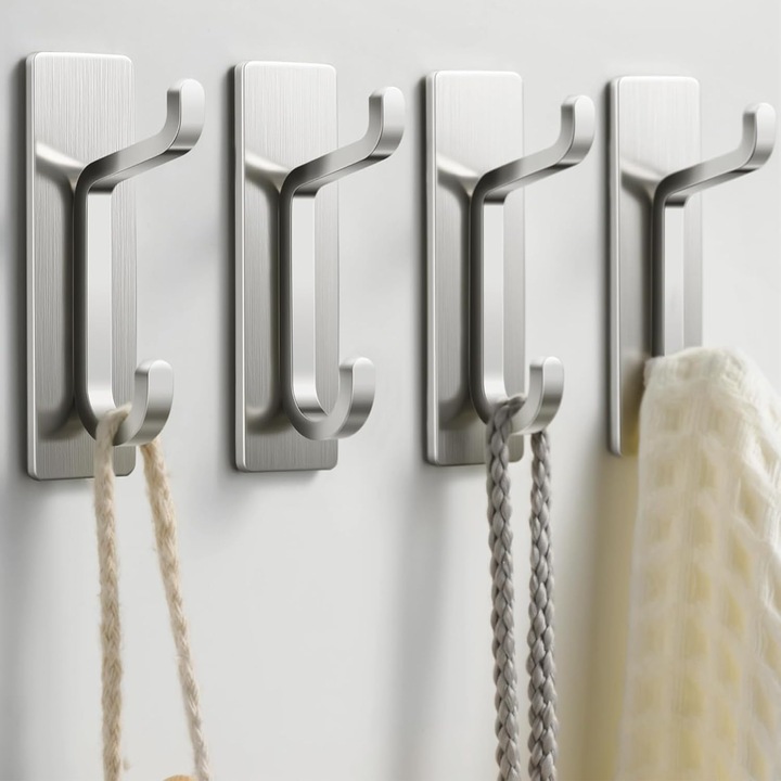 Set 4 bucati, Cuier adeziv (carlig) fara gauri, cu banda dublu-adeziva extra sticky, rezistent pana la 6 kg, inox rezistent la apa, nichel periat