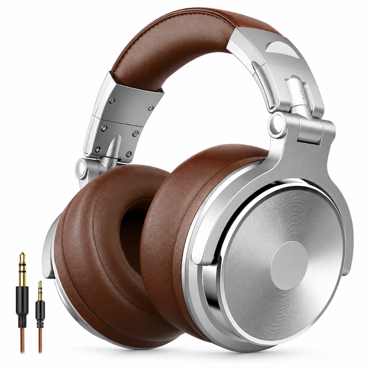 Casti Audio DJ, Over the Ear, Hi-Res Audio, Cu Fir Detasabil, Jack 3.5mm/6.35 mm, Compatibil Windows, MacOS, PS4, PS5, Xbox, Mixer, Instrumente Electrice, Reglabile, Saculet Inclus, Silver/Maro