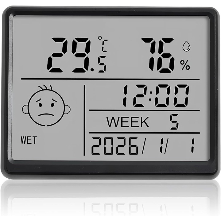 Digitális asztali óra és ébresztőóra, asztali óra LCD kijelzővel, dátum és nap, hőmérséklet és páratartalom, 12/24h és ℃/℉, mágneses, Fekete, 2 x AAA tápellátás