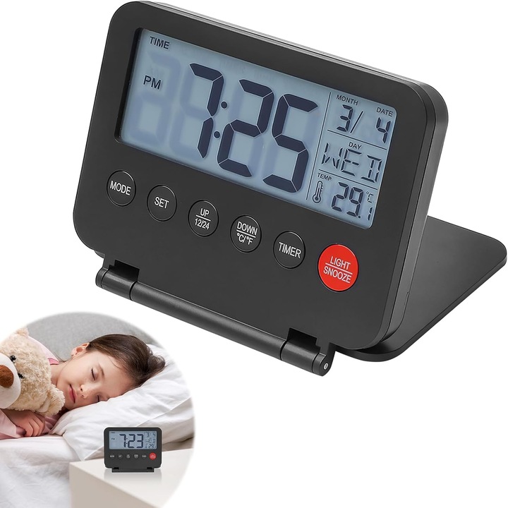 Mini összecsukható digitális utazó ébresztőóra, 3.54 hüvelykes LCD szemvédő kijelzővel, naptárral és hőmérővel (°C/°F), időzítővel és szundi funkcióval, háttérvilágítással, 2xAAA tápellátással, fekete, 1 db