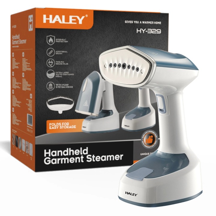 Aparat de Calcat Vertical cu Aburi HALEY HY-329, 1600W, Rezervor 200 ml, Talpa din Inox, Incalzire Rapida, Pliabil, Alb/Albastru