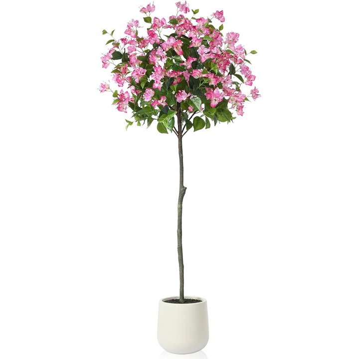 Mesterséges bougainvillea díszfa, SOGUYI, 180 cm, fehér virágok, cserép, állítható ágak, selyemvirágok, fehér, műmoha