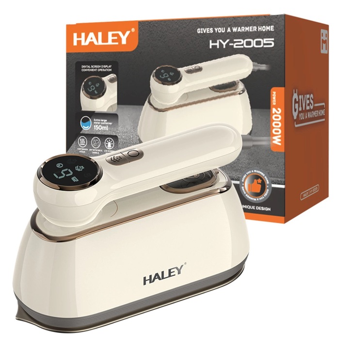 Fier de calcat vertical cu aburi HALEY HY-2005, 2000W, Ecran Digital LED, Talpa din Inox, Rezervor 150 ml, Incalzire Rapida, Alb
