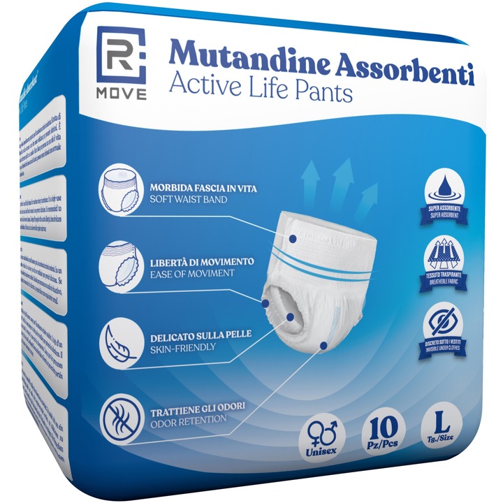 Scutece adulti tip chilot, RMove ActiveLife, 10 bucati, Protectie pentru incontinenta, Albe, Marimea L