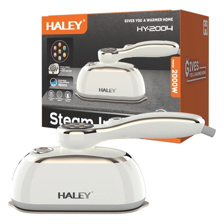 Fier de Calcat Vertical cu Abur HALEY HY-2004, 2000W, Rezervor 150 ml, Talpa Inox, Incalzire Rapida, Abur Continuu, Portabil, Alb