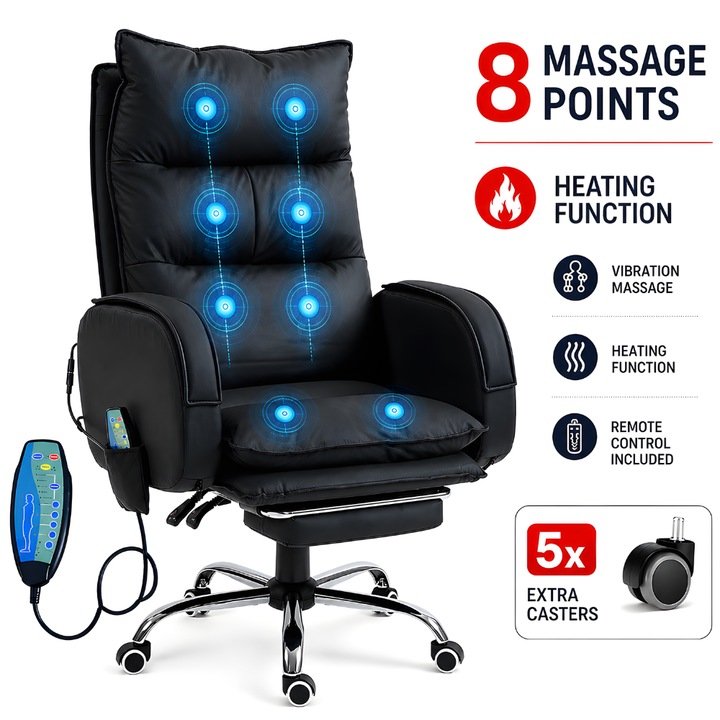 Scaun de Birou Directorial Cu Masaj KD Home® CEO UltraComfort 8, Incalzire, Ergonomic, Cu 8 Puncte de Masaj, inaltime reglabila, Sparat Inclinabil cu Blocare, 2 Seturi Roti Silicon Incluse, Telecomanda, Suport Picioare, Baza Metalica, Negru
