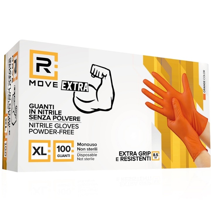 Set 100 manusi de lucru din nitril, RMove, fara pudra, Full Grip, 8.5 g, Portocaliu, Marimea XL