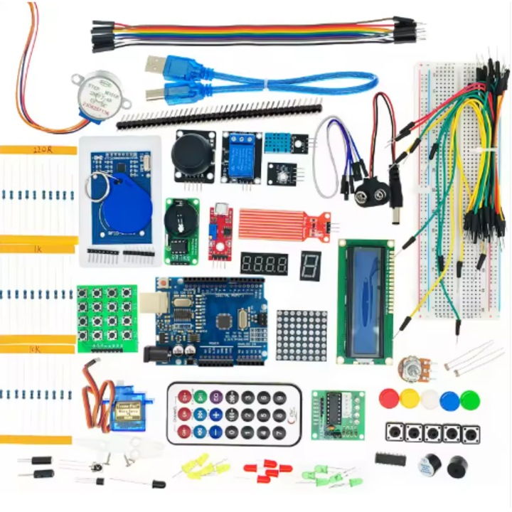 Arduino Uno R3 комплект, 130+ компонента, включващ Breadboard, сензори, серво мотор, LCD дисплей, 42x jumper кабели, 30x резистори, мултицвят