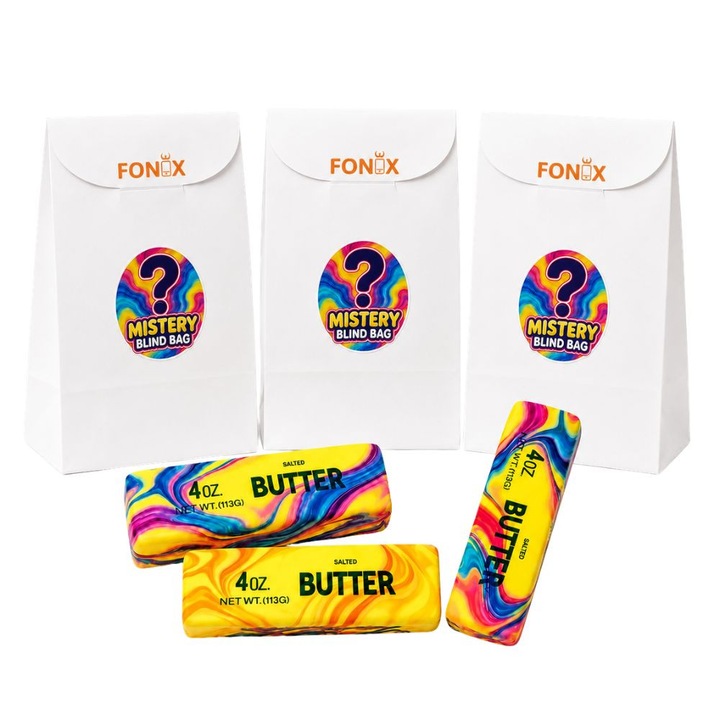 Комплект от 3 мистериозни торбички FONIX със Squishy Butter, антистрес играчка Slow Rising от PU, изненадващ модел, ултра мека и фина текстура, приятен аромат, Fidget Toy за деца и възрастни, релаксиращ подарък, антистрес, 13 см, мистериозен цвят