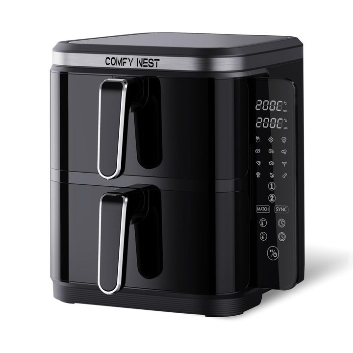 Comfy Nest, Friteuza Cu Aer Cald Cu Cos Dublu De 11 Litri, Gatire Simultana, Ecran Tactil Digital, Tehnologie Rapid Air, Siguranta Sporita, Usor De Curatat – 5, 5 L, Negru