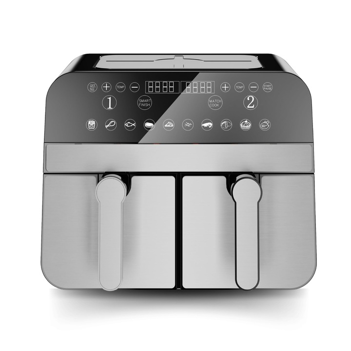 Comfy Nest, Cnafd45Ns, 2400 W, 9 L, Digitális Rozsdamentes Acél Dupla Kosaras Olajsütő, Egészséges és Gyors Főzés, Ideális Családi Étkezésekhez, Méret 9 L, Ezüst