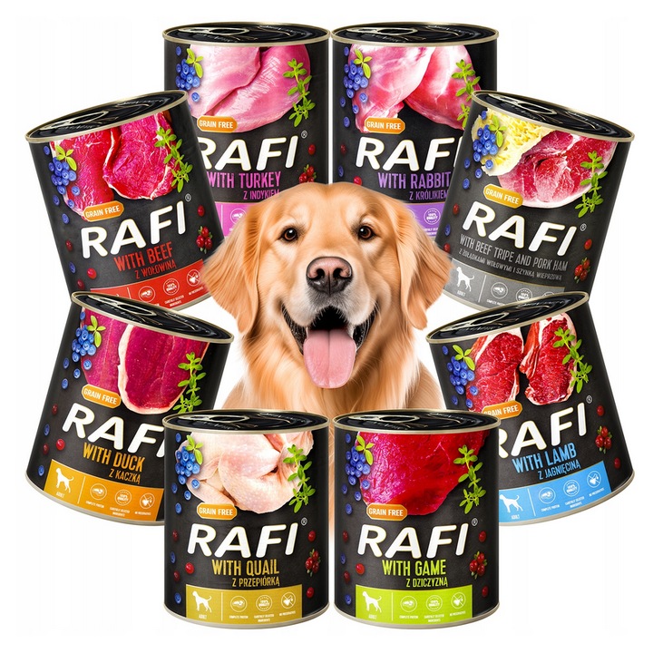 Hrana umeda pentru caini Dolina Noteci RAFI Adult fara cereale 8x400g MIX de arome