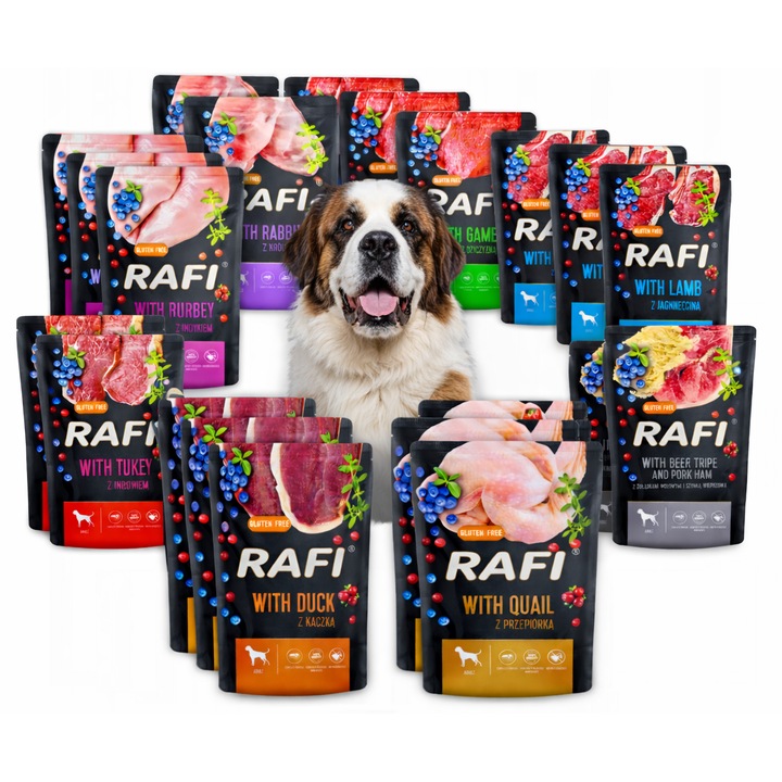 HRANA UMEDA PENTRU CAINI DOLINA NOTECI RAFI ADULT FARA CEREALE PLIC MIX DE AROME 8 x 500G