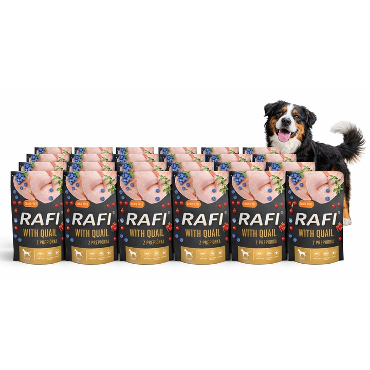 Hrana umeda pentru caini RAFI cu prepelita, plicuri 24x500 g, set 24 plicuri, prepelita